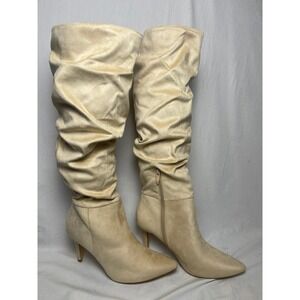 Cream Faux Suede Slouchy Knee High Boots Pointed Toe Stiletto Size 9